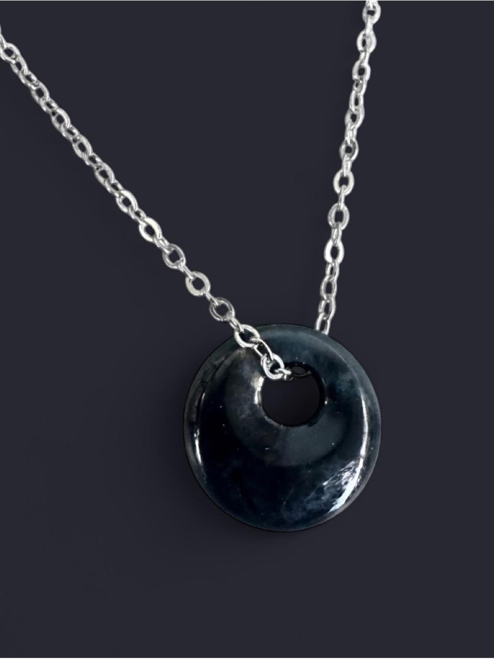 Black Agate Donut Pendant Silver Necklace
